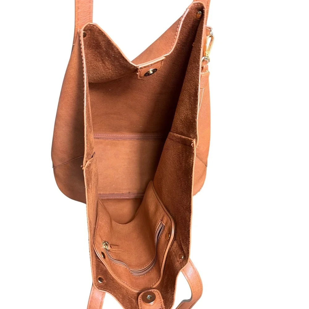 Cognac Brown Vegan Leather Tote Bag with Tassel and Removable Pouch Shopper‎